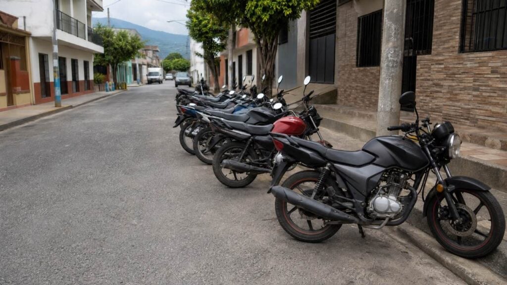 Varias motocicletas genéricas estacionadas en fila en una calle de una ciudad colombiana