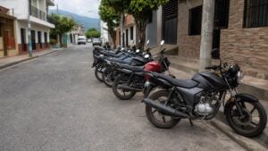 Varias motocicletas genéricas estacionadas en fila en una calle de una ciudad colombiana