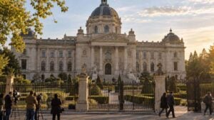 La fachada de un palacio de justicia internacional con periodistas esperando en la entrada.