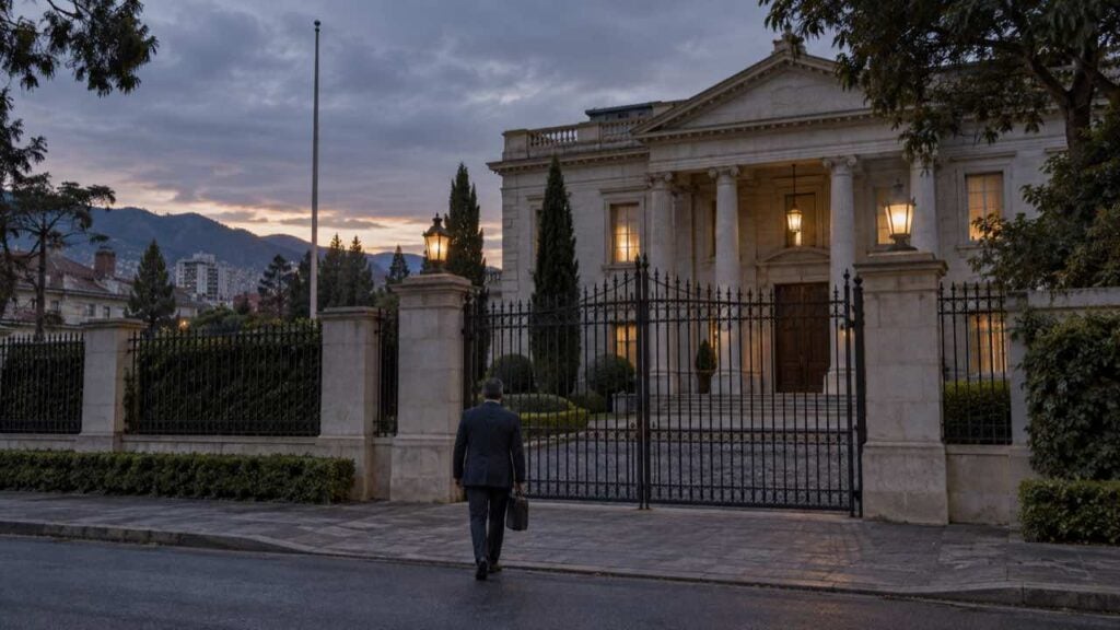 Un funcionario camina hacia la entrada de un edificio diplomático al atardecer.