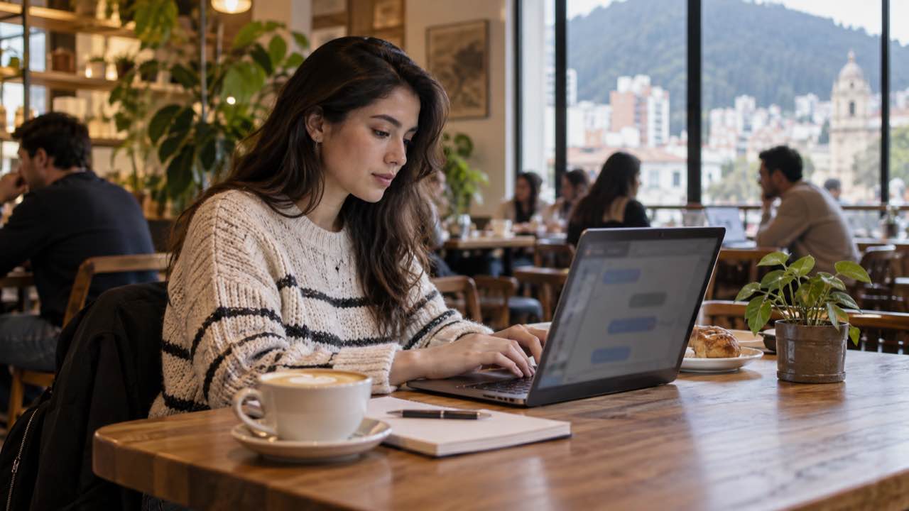 Microsoft calcula que el 25,9 % de los colombianos en edad de trabajar usa IA: Colombia es segunda en la región, tras Costa Rica 1 Una joven trabaja en su portátil en un café con una herramienta de chat en la pantalla.