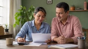 Dos trabajadores revisan documentos pensionales y una calculadora en una mesa