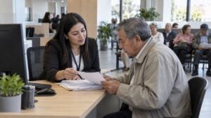 Una asesora atiende a un hombre mayor en una sala de atención de pensiones.
