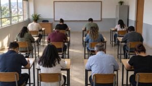 Personas adultas responden una prueba escrita en pupitres separados dentro de un aula iluminada por la mañana.