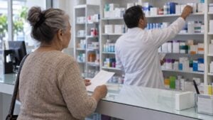 una mujer mayor espera con su fórmula médica frente al mostrador de una farmacia mientras un farmacéutico revisa los estantes con cajas de medicamentos.