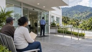 Dos pacientes esperan frente a un hospital público genérico con montañas verdes al fondo.