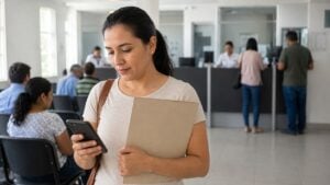 Afiliada revisa su cita en una sala de atención en salud genérica de Colombia