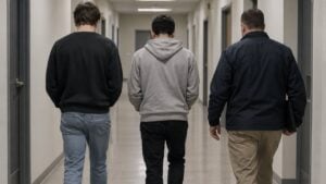 Dos hombres adultos vistos de espaldas caminan acompañados por funcionarios en un corredor institucional genérico.