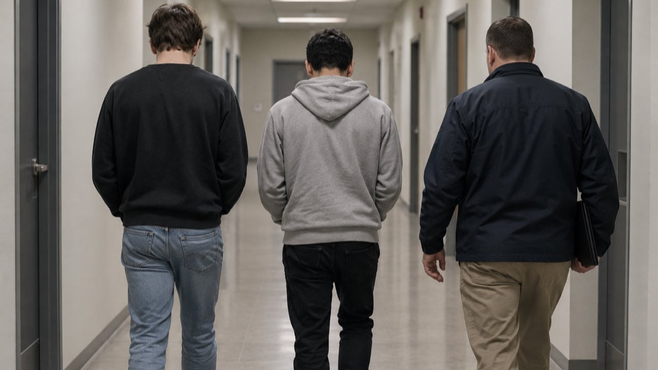 Corea del Sur exigió a Ucrania disculpas por revelar el traslado de dos prisioneros norcoreanos: teme por sus familias en el Norte 1 Dos hombres adultos vistos de espaldas caminan acompañados por funcionarios en un corredor institucional genérico.