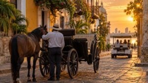 Un cochero acaricia a su caballo junto a un carruaje en una calle colonial mientras pasa una carroza eléctrica.