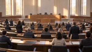 Congresistas ficticios vistos de espaldas durante una sesión en un salón legislativo genérico.