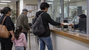 Joven con morral entrega una carpeta en la ventanilla de un juzgado de familia con varias personas en fila.