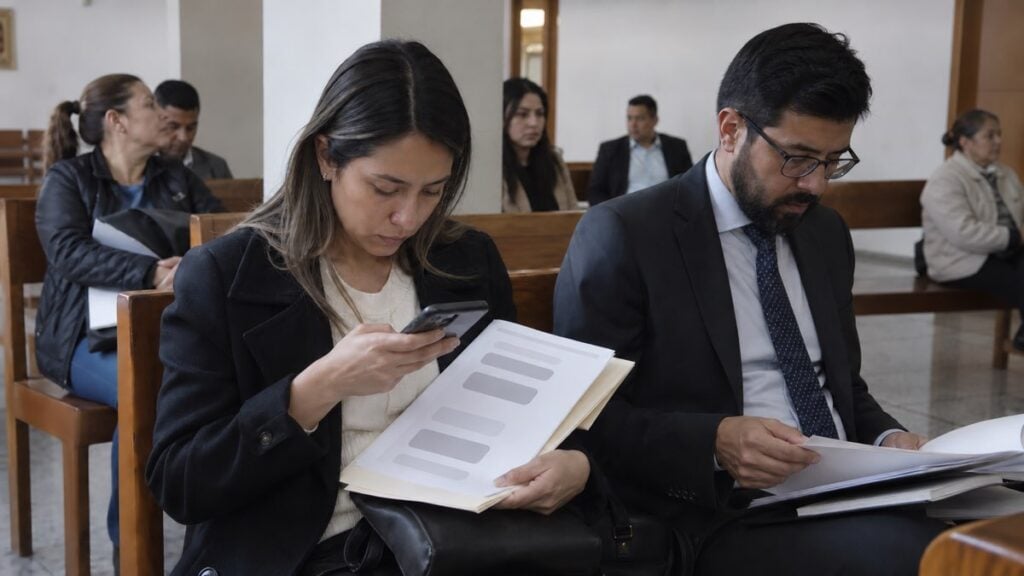 Trabajadora con impresiones de un chat junto a un abogado en la sala de espera de un juzgado laboral