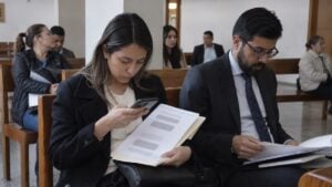 Trabajadora con impresiones de un chat junto a un abogado en la sala de espera de un juzgado laboral