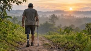 Hombre de espaldas con prótesis y muleta camina por un sendero rural entre vegetación y neblina.
