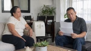 Dos adultos en un hogar colombiano junto a un equipo médico eléctrico y una factura de energía