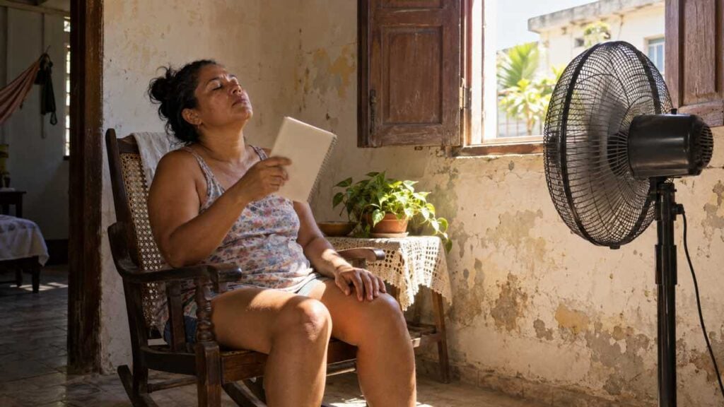 Mujer sentada frente a un ventilador en una casa de una ciudad cálida del Caribe colombiano