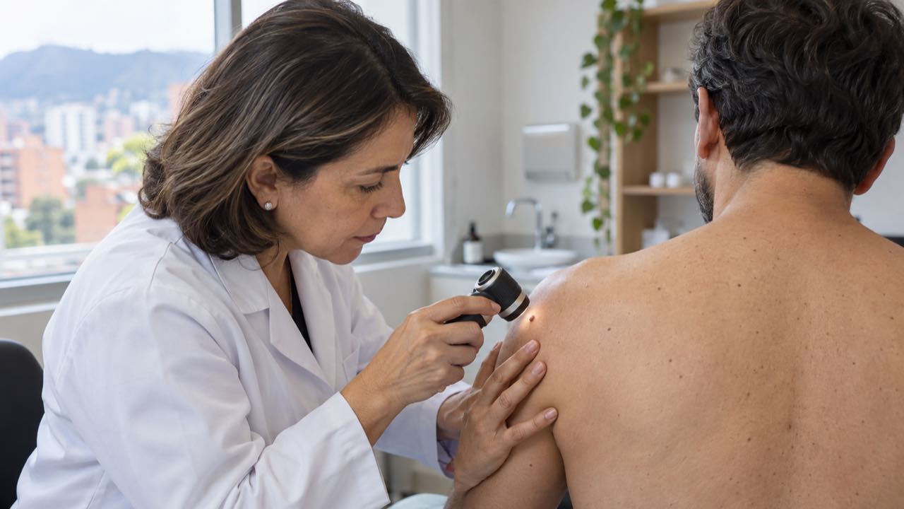 El Invima alertó a los consumidores por la crema AMU, que promete borrar lunares y verrugas: su etiqueta omite los ingredientes 1 Una dermatóloga revisa con un dermatoscopio un lunar en el hombro de un hombre de unos cuarenta años en un consultorio de Bogotá.