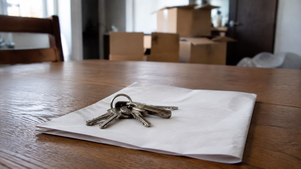 La Ley 820 topa el aumento del arriendo en 5,10 % este año: los hogares damnificados por el terremoto denuncian alzas mayores 1 Llaves de casa sobre un contrato, con cajas de mudanza desenfocadas al fondo