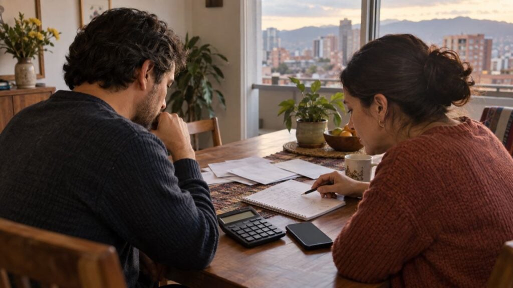 Una pareja revisa facturas y un cuaderno de gastos con una calculadora en la mesa del comedor.