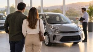 Pareja de espaldas observa un carro compacto en un concesionario de Colombia.