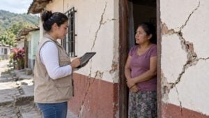 Encuestadora con tableta conversa con una mujer en la puerta de una casa agrietada por un sismo