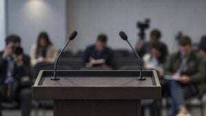 Atril vacío y periodistas esperando en el auditorio de una entidad pública