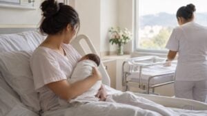 Una madre sostiene a su recién nacido en la sala de maternidad de un hospital.