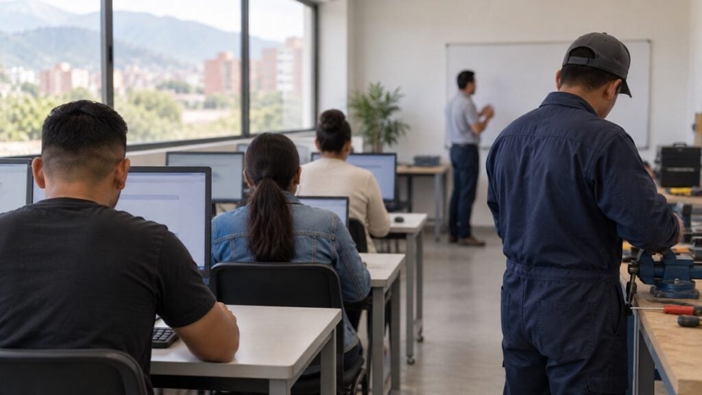 Personas adultas de espaldas participan en un taller con computadores y herramientas