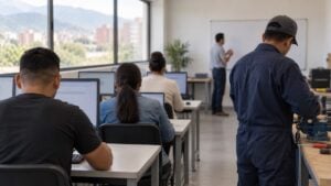 Personas adultas de espaldas participan en un taller con computadores y herramientas