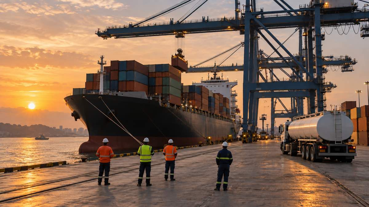 El DANE contó importaciones por US$7.968 millones en julio, 22,9 % más: los combustibles costaron 77 % más y el déficit subió 65 % 1 Grúas descargan contenedores de un buque junto a un camión cisterna y operarios de espaldas en un puerto al atardecer.