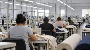 Operarias de espaldas trabajan entre máquinas de coser y rollos de tela en una fábrica de confección.