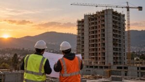 Dos obreros de espaldas miran planos frente a una torre de apartamentos a medio construir