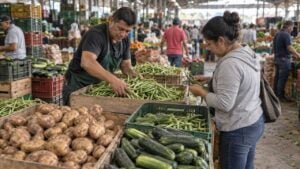 Vendedor organiza verduras mientras una compradora escoge productos en una central de abastos.
