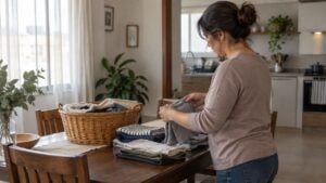 Una mujer dobla ropa limpia sobre una mesa de comedor iluminada por la luz de una ventana.