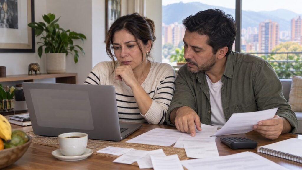 Mujer revisa documentos financieros en un portátil mientras un hombre le señala un papel