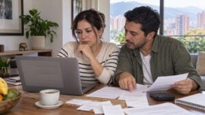 Mujer revisa documentos financieros en un portátil mientras un hombre le señala un papel