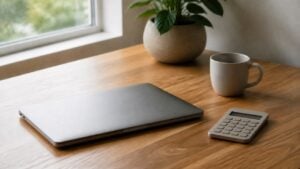Escritorio de madera con computador portátil cerrado, taza de café y calculadora junto a una ventana