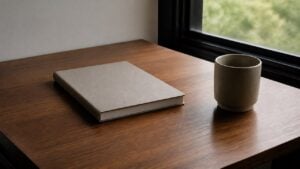 Escritorio de madera ordenado con libreta cerrada y taza junto a una ventana