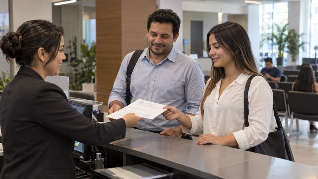 Dos comerciantes reciben un certificado de una funcionaria en una sala de atención con sillas al fondo.