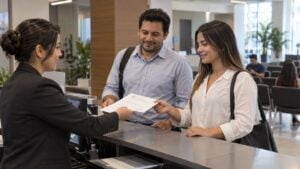 Dos comerciantes reciben un certificado de una funcionaria en una sala de atención con sillas al fondo.