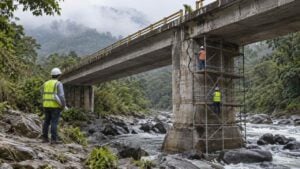 Obreros revisan un puente de concreto agrietado sobre un río de montaña