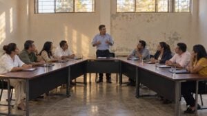 Concejales reunidos alrededor de una mesa en un salón municipal sencillo