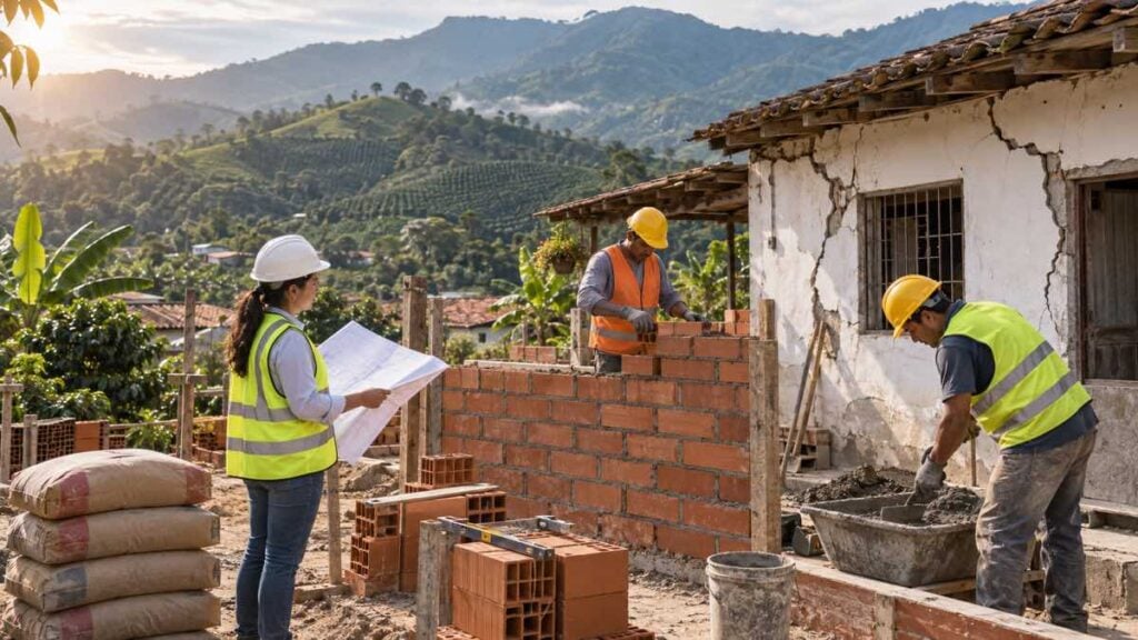 Obreros reconstruyen una casa dañada mientras un ingeniero revisa planos frente a montañas verdes.