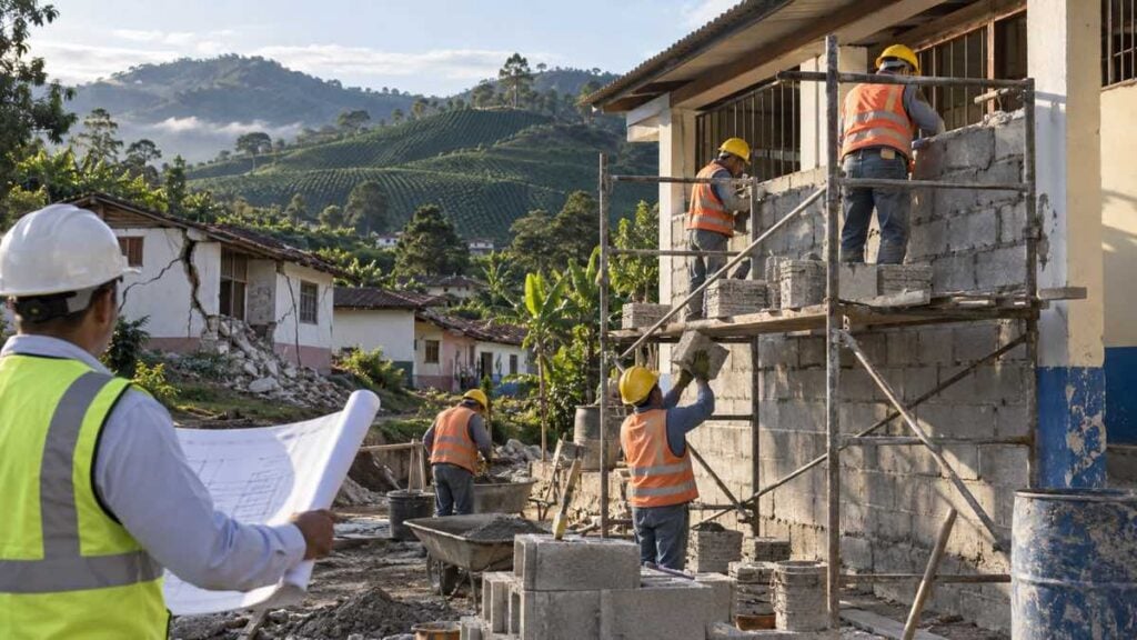 Obreros reconstruyen una escuela rural agrietada en una zona montañosa del Eje Cafetero.