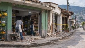 Tenderos limpian escombros frente a pequeños locales con fachadas agrietadas y cinta de seguridad.