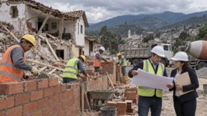 Obreros reconstruyen una vivienda mientras un ingeniero y una funcionaria revisan planos