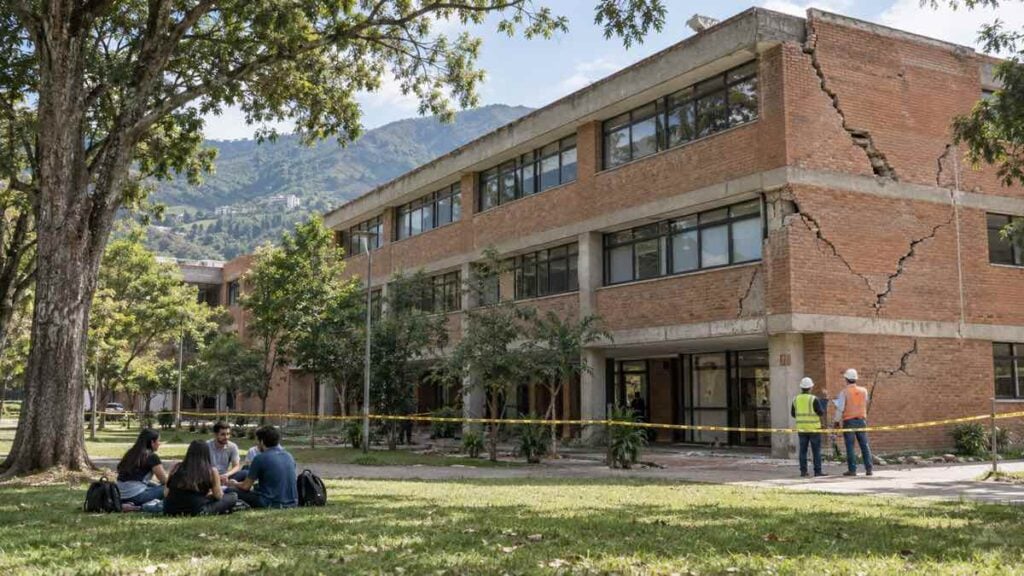Estudiantes conversan frente a un edificio universitario agrietado mientras ingenieros inspeccionan la fachada acordonada.