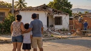 Familia de espaldas observa una casa dañada mientras obreros reconstruyen una vivienda vecina
