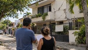 Pareja de espaldas observa una casa agrietada con un aviso de arriendo tras un sismo